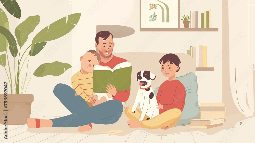 Father, Son, and Dog Sitting Together on the Floor. Mom Reading Story Book. Flat Vector Line Art Cartoon Illustration, Icon. Copy Space for Mother's Day, Ai generated image