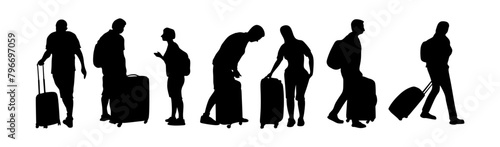 Travel concept vector illustration, silhouette of traveling couple with suitcase and backpack. © Asri