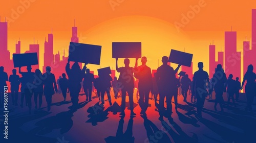 A group of people holding signs in a city at sunset photo
