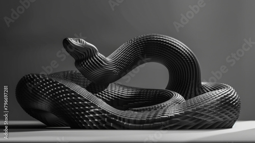 A black snake sculpture is laying on a table. The snake is made of metal and has a very sleek and modern appearance. The sculpture is placed on a white surface photo