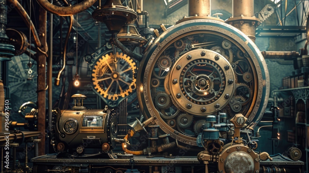 A clock with many gears and a large round face A clock with many gears and a large round face