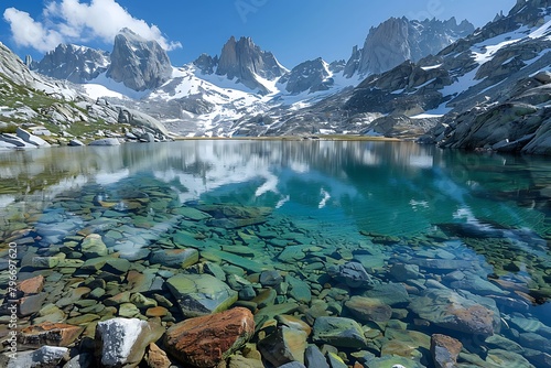 A serene alpine lake, nestled among snow-capped peaks, its crystalline waters reflecting the majesty of the surrounding mountains
