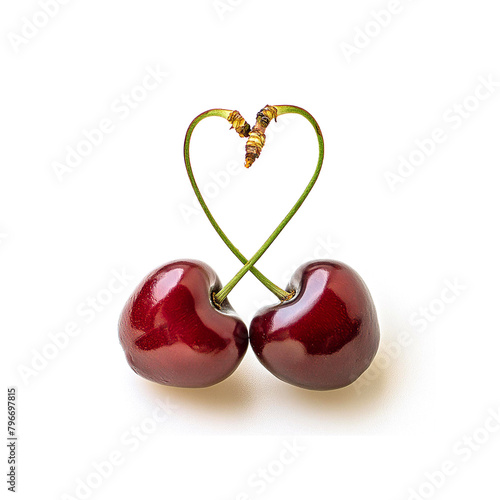 cherries with heart-shaped stems on a white background