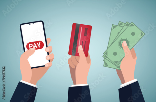 Payment methods, non-cash and cash payment. Vector illustration.