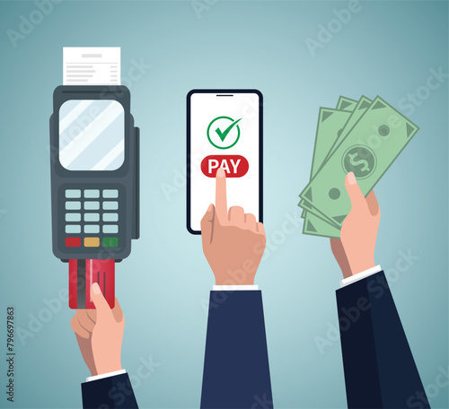 Payment method, non-cash payment by bank card using NFC POS-terminals technology and cash payment. Hands hold phone with an attachment, cash money and card. Vector illustration. photo