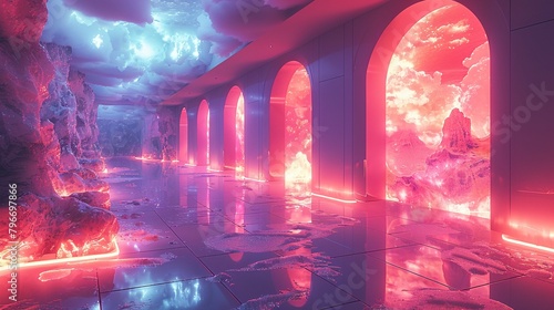 Design a digital illustration featuring a futuristic rage room filled with holographic projections of objects and environments tailored to each persons specific triggers #796697866