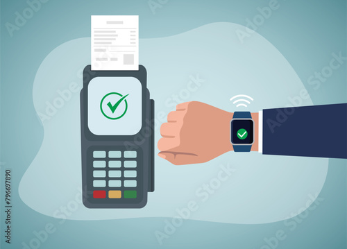 Smart watch POS terminal payment. Hand with smartwatch on the wrist making payment transaction. Flat vector icon.