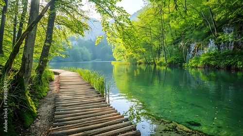 Picturesque morning in plitvice national park colorful spring scene of green forest with pure water lake