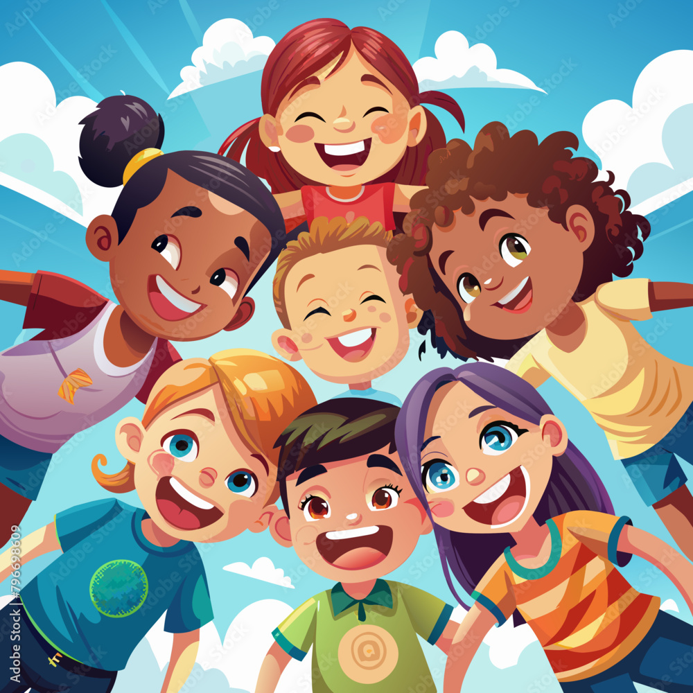 Group portrait of happy children sticking together, looking at the camera and smiling. Low tilt, bottom view. Friendship Concept Group portrait of happy children sticking together, looking at the camera and smiling. Low tilt, bottom view. Friendship Concept