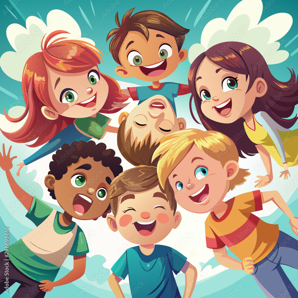Group portrait of happy children sticking together, looking at the camera and smiling. Low tilt, bottom view. Friendship Concept Group portrait of happy children sticking together, looking at the camera and smiling. Low tilt, bottom view. Friendship Concept