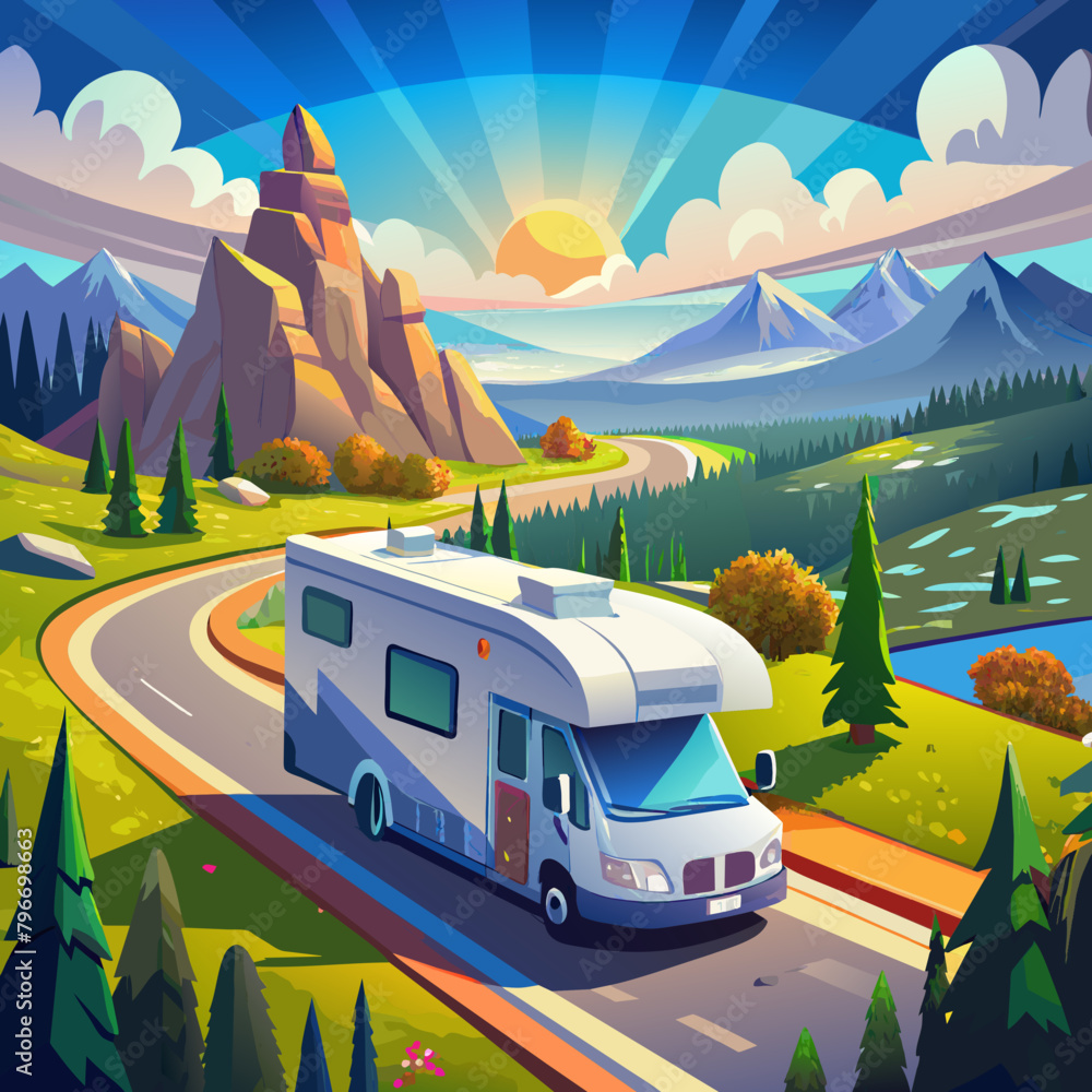 Panoramic view large camper vehicle of modern white family RV driving on highway road against blue sky in summer.