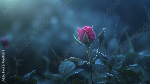 A serene, dew-kissed rosebud in the first light of dawn, its delicate petals unfolding in silent grace