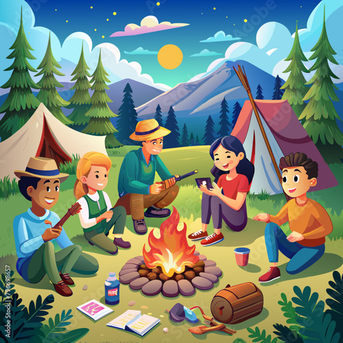 friends spending leisure time sitting near a shooting range while camping