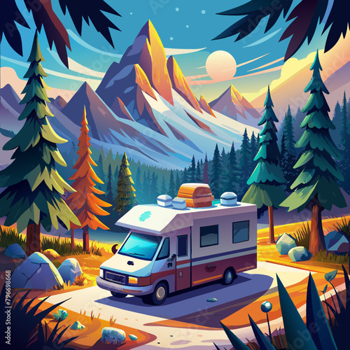 RV vehicle camping on nature. Travel in winter.