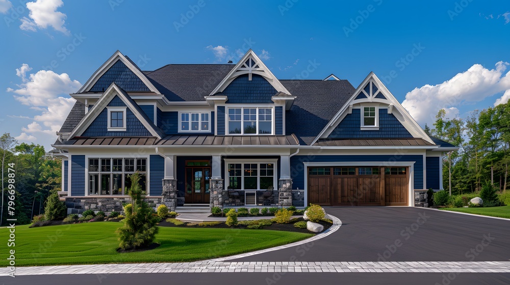 Modern style luxurious new construction home with blue siding, a natural stone wall, and a two-car garage.