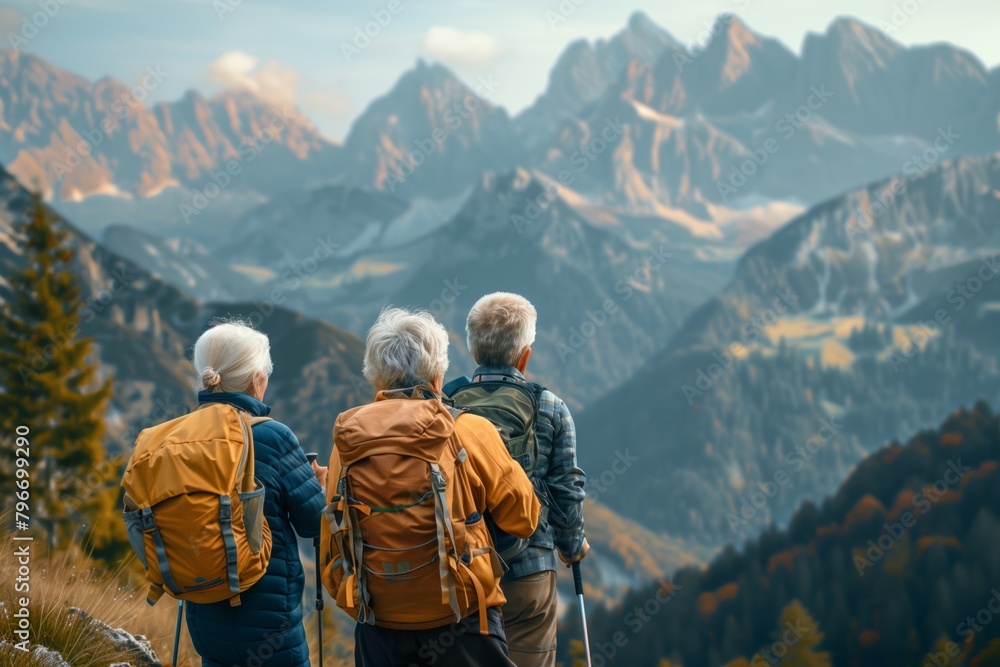 Elderly friends on a hiking adventure in the mountains. Three seniors with backpacks enjoying mountain view