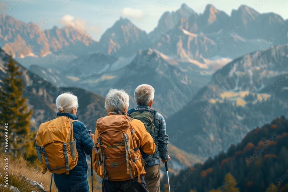 Elderly friends on a hiking adventure in the mountains. Three seniors with backpacks enjoying mountain view Elderly friends on a hiking adventure in the mountains. Three seniors with backpacks enjoying mountain view