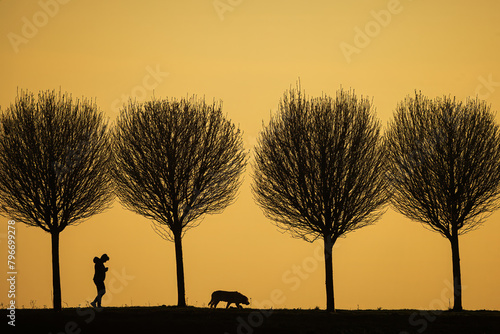 black silhouettes lonely figure with a dog against the colourful background of the setting sun