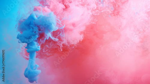 A blue and pink smoke cloud with a blue and pink background. The smoke is thick and dense, creating a sense of weight and heaviness. The colors of the smoke and background contrast with each other photo