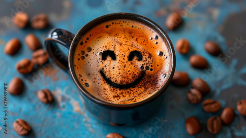 AI generated illustration of a Coffee cup resting on a chalkboard surrounded by coffee beans