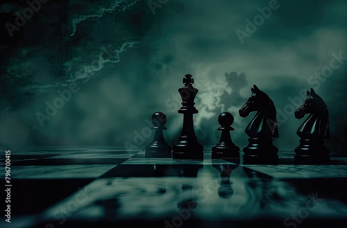 A dark chessboard with pieces that look like black knights, set against an ominous background photo