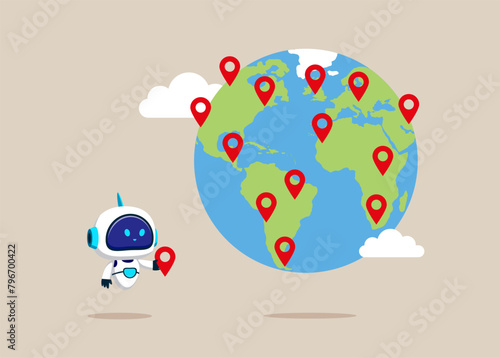 Robot put new branch pin on world map across globe. Global business expansion, franchise in new location to cover all continent. Flat vector illustration