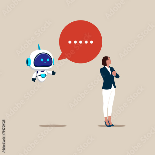 Robot tell woman about good product and service. Marketing strategy, word of mouth. Modern vector illustration in flat style  photo