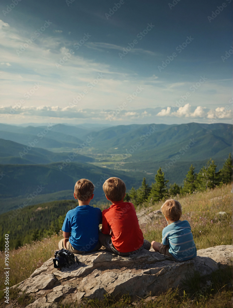 Naklejka premium Father's Day, a father sitting with his children, with the camera view from behind, father day, father's day, father day celebration, hicking, view of mountain, mountain view, camera from behind