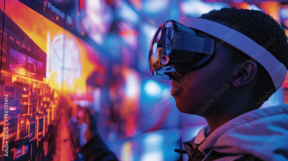 A young man wearing a virtual reality headset is playing a game
