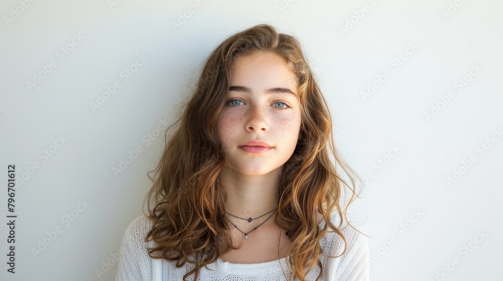 Teenager girl collage new student with brown hair and blue eyes is wearing a necklace. Preparing for new education year Teenager girl collage new student with brown hair and blue eyes is wearing a necklace. Preparing for new education year