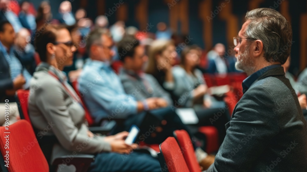 Fototapeta premium A man in a gray jacket sits in a red chair in a crowded auditorium. People listening speech on conference