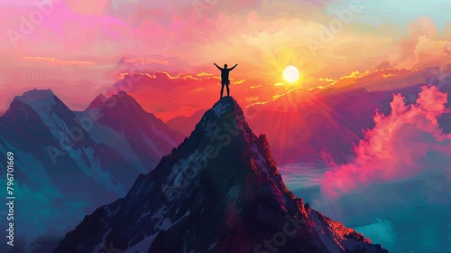 Silhouette of a climber reaching the summit of a towering mountain peak, arms outstretched in triumph against the backdrop of a colorful sunrise. photo