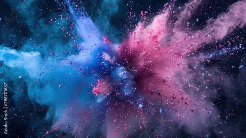 Explosion of blue and pink colored powder isolated on a black background. Abstract colored background photo