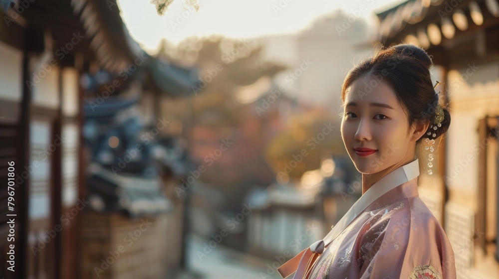 Korean woman in a pink traditional clothes stands in front of a building with a serene expression Korean woman in a pink traditional clothes stands in front of a building with a serene expression
