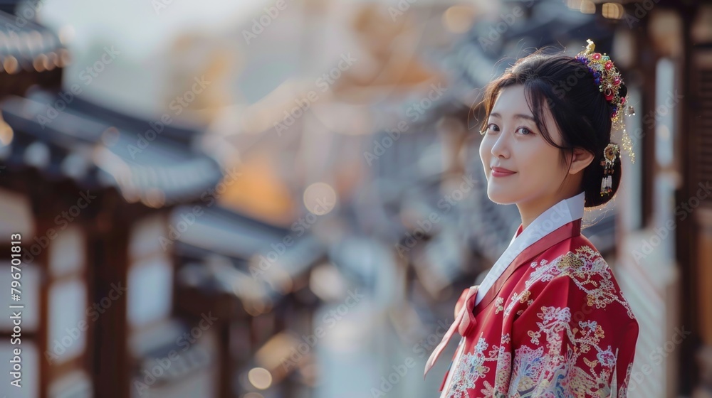 Asian woman in a red kimono stands in front of a row of buildings Asian woman in a red kimono stands in front of a row of buildings