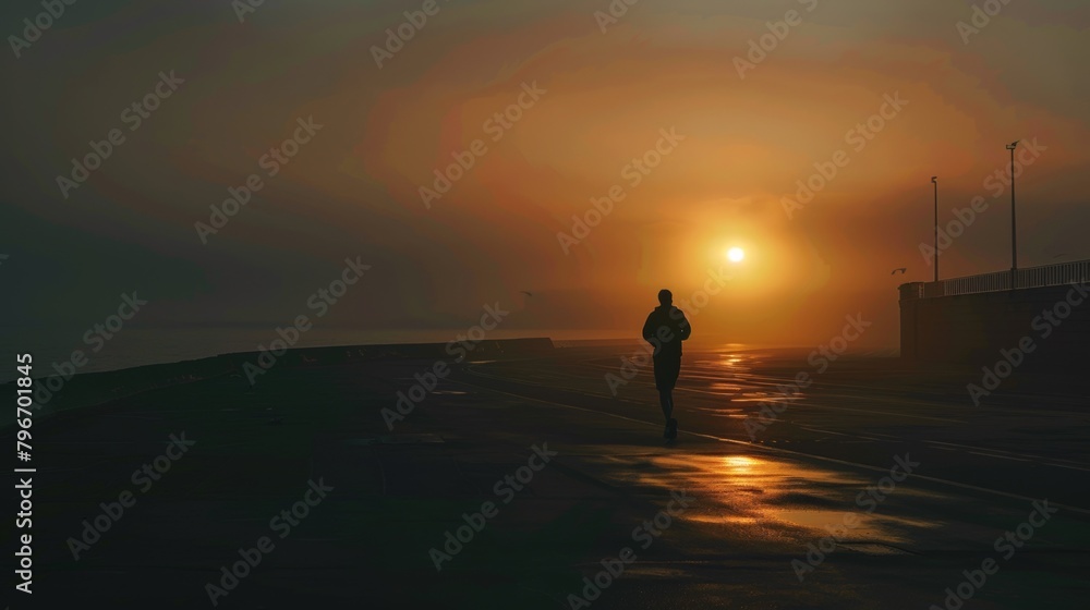 A person walking on a road at sunset