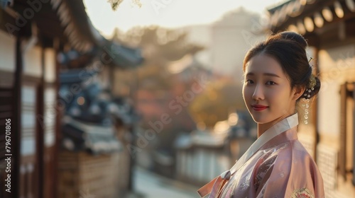 Korean woman in a pink traditional clothes stands in front of a building with a serene expression