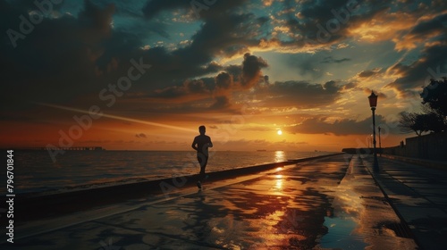 A man is running along the beach at sunset