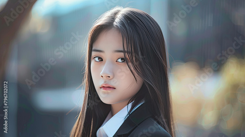 A Chinese high school girl with medium length straight hair, wearing a black suit and white shirt She has exquisite features