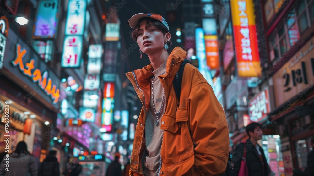 Cool man in a yellow jacket stands in front of a neon sign