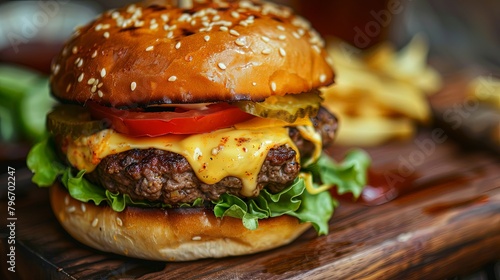 A classic beef burger topped with melted cheese, crisp lettuce, and ripe tomato slices, tantalizing the taste buds with its delicious combination of flavors.