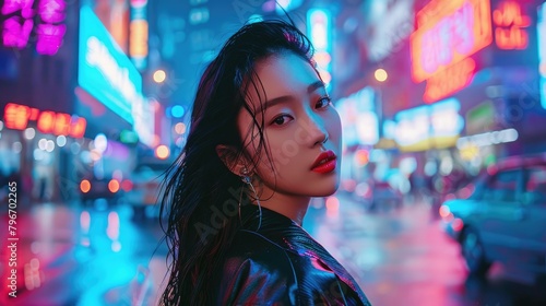 Young beautiful woman with long hair is standing in the rain in front of a neon sign