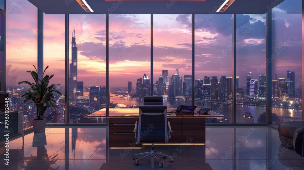 Fototapeta premium A large window office overlooking a city skyline with a view of the ocean