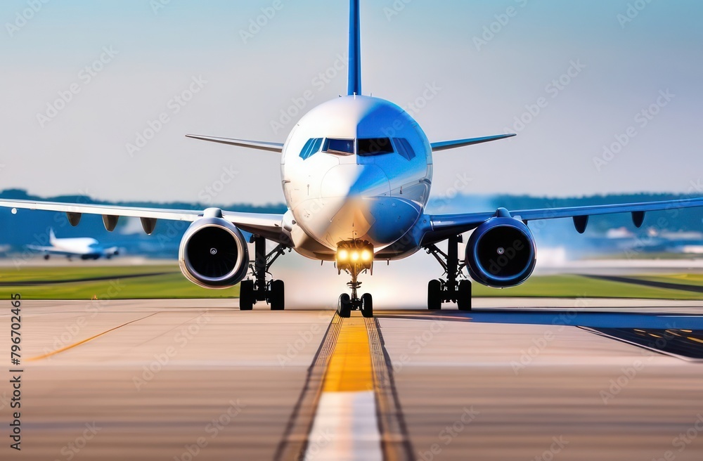 Front view of the nose of an airplane on an airport runway under a dove sky. Aviation technology and world travel concept Front view of the nose of an airplane on an airport runway under a dove sky. Aviation technology and world travel concept