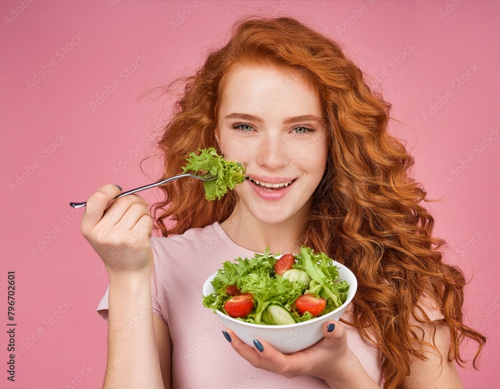 Pretty redhead woman eating a tasty fresh vegetable salad. Healthy diet concept. Vegetarian, vegan food. Pretty redhead woman eating a tasty fresh vegetable salad. Healthy diet concept. Vegetarian, vegan food.