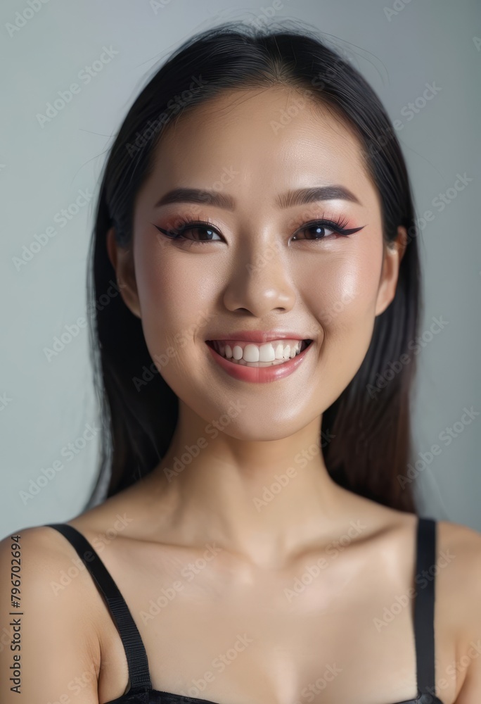 portrait of a young smiling girl of Asian appearance on gray background portrait of a young smiling girl of Asian appearance on gray background