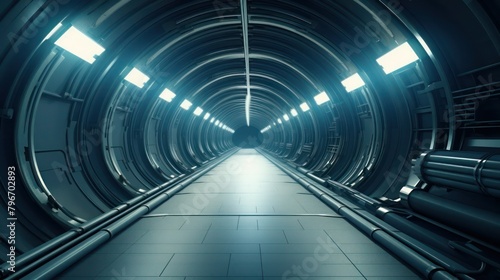 Symmetrical illuminated empty technical tunnel between compartments on a spaceship  wide angle  metallic dark blue color.