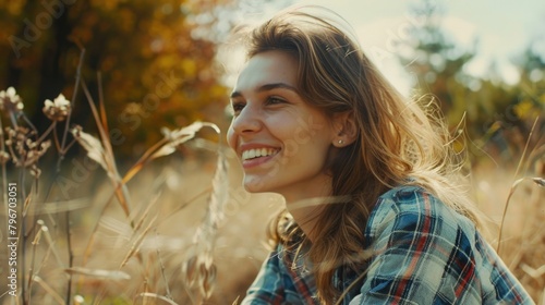 A woman is sitting in a field of tall grass, smiling and looking up at the sky