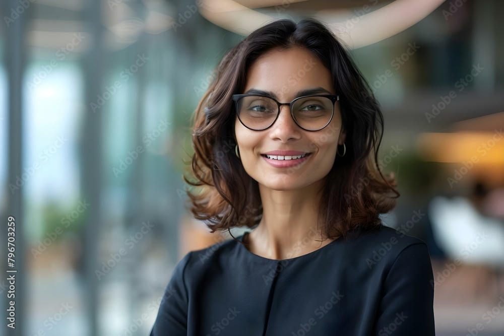 Indian businesswoman standing outside conference room happy wearing glasses copy space. Concept Here are the suggested topics for your description Indian businesswoman standing outside conference room happy wearing glasses copy space. Concept Here are the suggested topics for your description