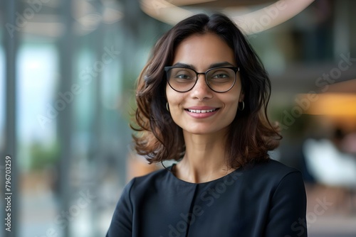 Indian businesswoman standing outside conference room happy wearing glasses copy space. Concept Here are the suggested topics for your description